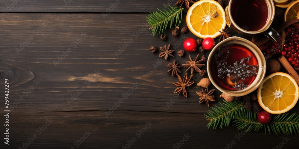 Poster Wooden Table Adorned With Oranges and Spices Generative AI
