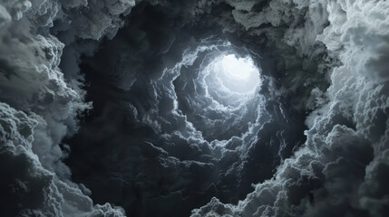 tunnel hole of dark thunder storm clouds with lights on the end., Generative AI