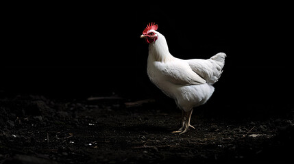White Hen Glows in black, Drawing Focus with Brilliant Contrast. Ideal Visual for Agriculture or Animal Concepts