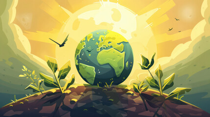 digital painting illustration style of earth with sun shinning on the background, and earth ground with growing leaf plants. Generative AI