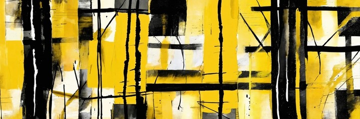 Modern yellow and black grunge artwork, abstract paint strokes with stripes, scribbled lines and geometric shapes. Contemporary painting. Modern poster for wall decoration