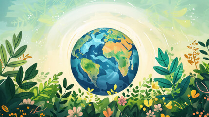 painting illustration of glowing planet earth with plants, leafs and flower, on tht foreground. suitable for background, children book or earth day greetings. Generative AI