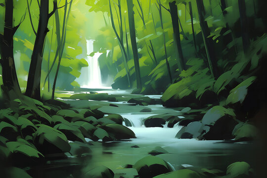 Beautiful waterfall, Semi-abstract loosely painting, Stylized digital speed painting.