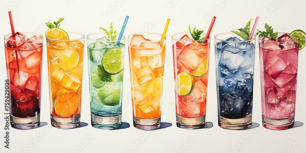 Poster array of colorful drink-set in watercolor generative ai