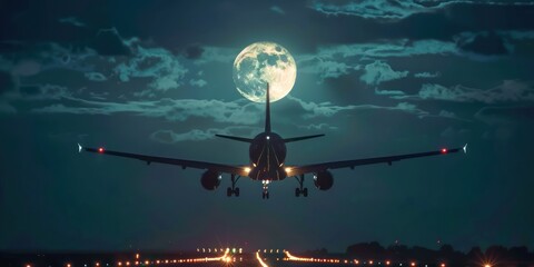 passenger plane full moon  - obrazy, fototapety, plakaty