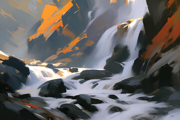 Beautiful waterfall, Semi-abstract loosely painting, Stylized digital speed painting.