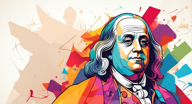 Benjamin Franklin Abstract colorful geometric shapes background. Digital painting. Vector illustration from Generative AI