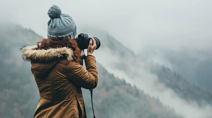 Woman photographer with photo camera taking photo of foggy mountains landscape Travel Lifestyle concept adventure vacations outdoor. - obrazy, fototapety, plakaty