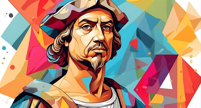 Christopher Columbus Abstract colorful geometric shapes background. Digital painting. Vector illustration from Generative AI