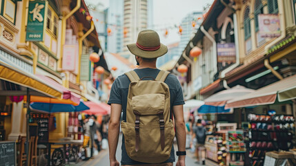 Fototapeta premium Young man hipster traveling with backpack and hat, happy Solo traveler walking at Chinatown street market in Singapore. landmark and popular for tourist attractions. Southeast Asia Travel concept.