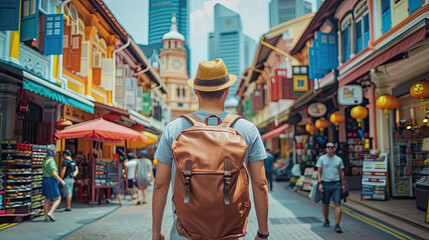 Young man hipster traveling with backpack and hat, happy Solo traveler walking at Chinatown street market in Singapore. landmark and popular for tourist attractions. Southeast Asia Travel concept. - obrazy, fototapety, plakaty
