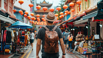 Young man hipster traveling with backpack and hat, happy Solo traveler walking at Chinatown street market in Singapore. landmark and popular for tourist attractions. Southeast Asia Travel concept. - obrazy, fototapety, plakaty