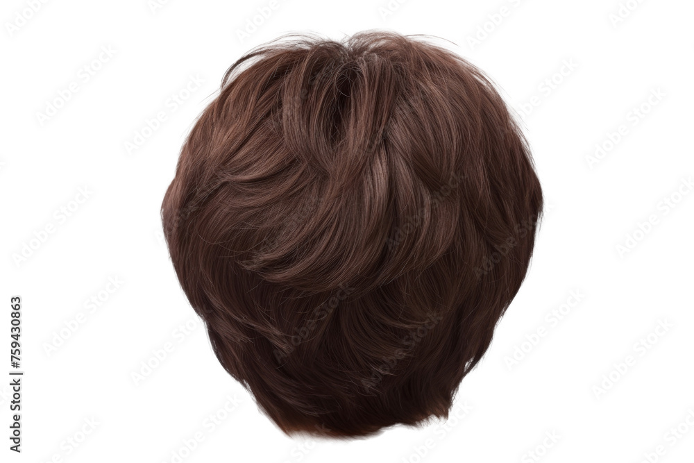 Sticker Stylish hair wig with trendy design isolated on background, front view, fashionable hairstyle concept.