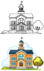 Wandcirkels plexiglas Vector illustration of a school building in color and outline. © GraphicsRF