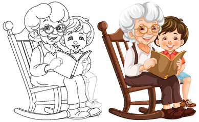 Colorful and line art of a grandmother and child reading.