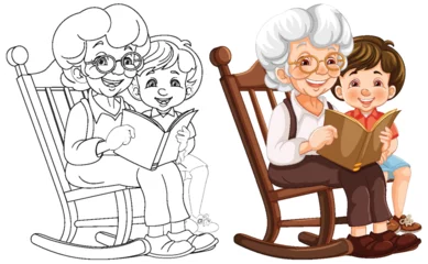 Foto op Canvas Colorful and line art of a grandmother and child reading. © GraphicsRF