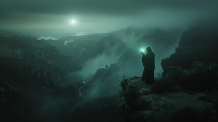 A mysterious cloaked figure holds a bright light, standing on a cliff overlooking a fog-covered mountainous terrain. - obrazy, fototapety, plakaty