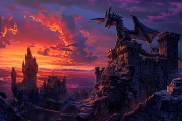 A majestic dragon perches atop the ruins of a gothic castle against a backdrop of a dramatic fiery sunset sky. - obrazy, fototapety, plakaty