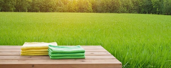 Cleaning supplies and cloth towel on wooden table. Bottles of cleaning products on a wooden surface outdoors. Green field and sky backdrop. Products for eco-friendly cleaning.