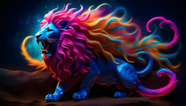 A low key photograph of a manticore with a psychedelic color palette