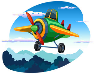 Cartoon airplane flying above scenic mountains