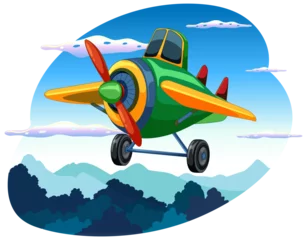 Poster Kinderen Cartoon airplane flying above scenic mountains