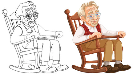 Colorful and sketched versions of a content senior man.