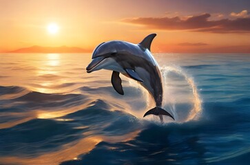 Playful dolphin jumping over breaking waves at sunset. Marine animals in natural habitat. Oceanview with sunlight. Oceanview with sunlight. Marine animals in natural habitat. 