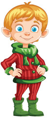 Smiling elf character in traditional holiday clothes.