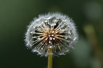 A dandelion head and seeds blowing away in the wind. Fluffy flower weed in blurred nature background. Taraxacum officinale, Wildflower dances on the breeze