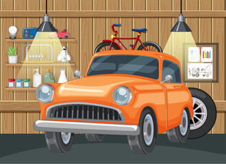 Classic orange car and red bike in a cozy garage