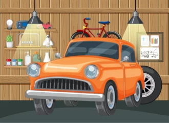 Fotobehang Classic orange car and red bike in a cozy garage © GraphicsRF