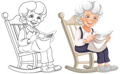 Senior lady smiling, reading paper in rocking chair.