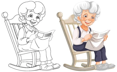 Zelfklevend Fotobehang Kinderen Senior lady smiling, reading paper in rocking chair.