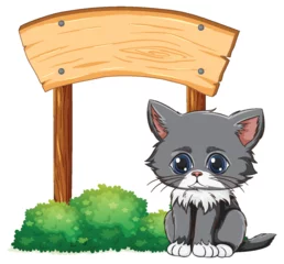 Tuinposter Adorable grey kitten sitting under a blank sign © GraphicsRF