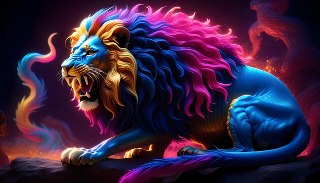 A photo of a manticore with a neon pink and electric blue lion body and a molten gold scorpion tail. 