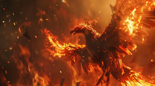 The mythical phoenix is reborn amidst roaring flames, its form ablaze with a captivating light, symbolizing renewal and eternity.