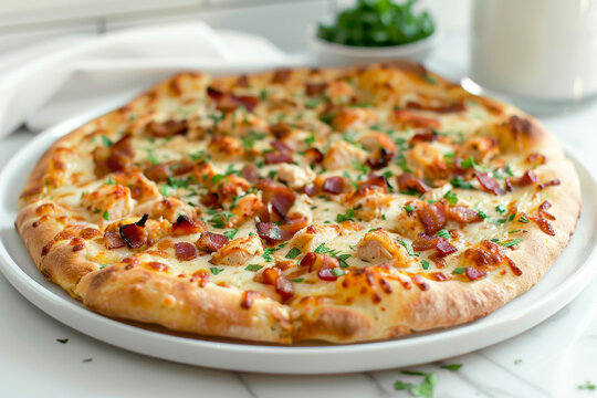 Delicious Chicken Bacon Ranch Pizza on White Plate Gen AI