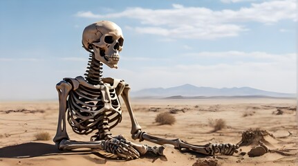Skeleton sitting and relaxing on desert in a blue sky background. Thirsty, No rain. Climate change, Global warming concept.  