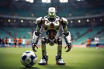 A modern robot kicking a soccer ball in a soccer arena. Football champion tournament banner. World Football Day December 10. National Soccer Day July 28