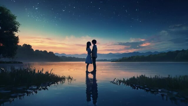 By the lake at the boundary of the starry sky and the dusk sky, two people stand close together.

