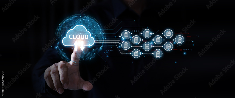 Poster database storage cloud technology file data transfer sharing, cyber, big data information for financ