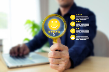Smile face icon for customer services rating feedback satisfaction survey online business review questionnaire on technology data exchanges development for service mind social media global marketing.
