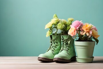 Plant flowers in a boot concept. Realistic rubber boot with flowers. Springtime, summertime gardening. Cute planter for small gardening space. National Gardening Day, Earth Day, Environmental Day  - obrazy, fototapety, plakaty