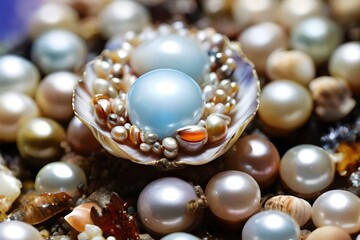 Close up realistic natural pearls inside opened seashell. Design template of seashell for graphics. Front view of shiny oyster shell pearls. National wear your pearls day December 15
