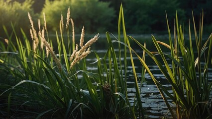Obraz premium Acorus calamus wallpaper, medicinal plants background, Inflorescence of sweet flag (Acorus calamus), leaf calamus with inflorescence grow in water