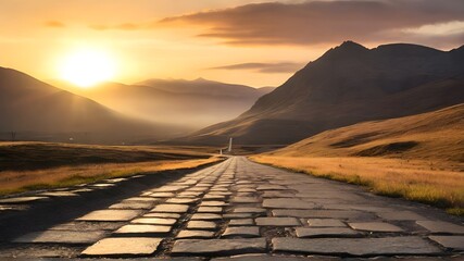 Closeup view of paved county road on the beautiful mountains baclground with sunset. Walkway stones at road.  Landscapes of the country. Journey through beautiful places. Copy space, selective focus
