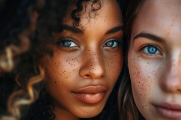 Close up portrait of two beautiful mixed race girls with curly hair. - obrazy, fototapety, plakaty