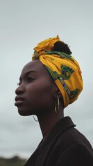 Beautiful african woman with yellow headscarf looking away. - obrazy, fototapety, plakaty