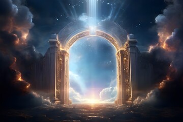 A depiction of the gates to heaven open on bright cloudy sky background. Door to heaven. Arched passage open to heaven`s sky. Hope metaphor. Abstract mystical glowing exit. Open door template, mock up